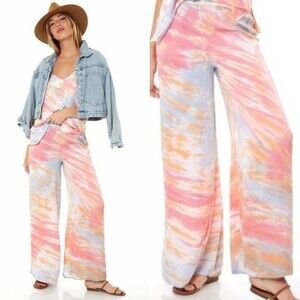 Young Fabulous & Broke Satin Wide Leg Pants XS Tie Dye High Rise Festival Retro